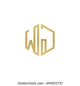 Initial letter WJ, minimalist line art hexagon shape logo, gold color