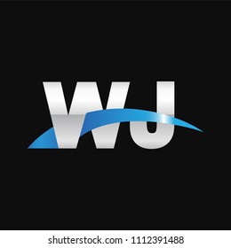 Initial letter WJ, overlapping movement swoosh logo, metal silver blue color on black background