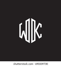 Initial letter WK, minimalist line art monogram hexagon shape logo, white color on black background