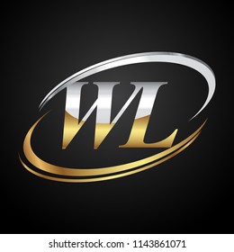 initial letter WL logotype company name colored gold and silver swoosh design. isolated on black background.