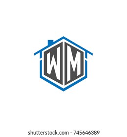 Initial Letter WM Logo Design, Hexagonal Shape with Home House Illustration