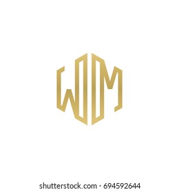 Initial letter WM, minimalist line art hexagon shape logo, gold color