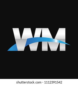 Initial letter WM, overlapping movement swoosh logo, metal silver blue color on black background