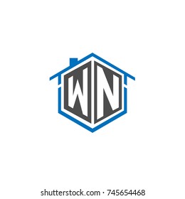 Initial Letter WN Logo Design, Hexagonal Shape with Home House Illustration