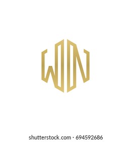 Initial letter WN, minimalist line art hexagon shape logo, gold color