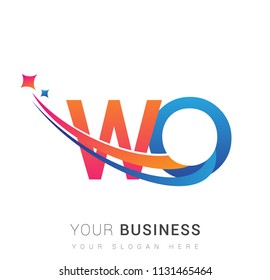 initial letter WO logotype company name colored orange, red and blue swoosh star design. vector logo for business and company identity.
