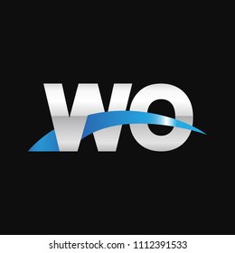 Initial letter WO, overlapping movement swoosh logo, metal silver blue color on black background