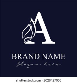 Initial Letter A With Woman Female Face and Leaves for Beauty Spa Cosmetic Salon and natural Skin care Business Logo Concept Design