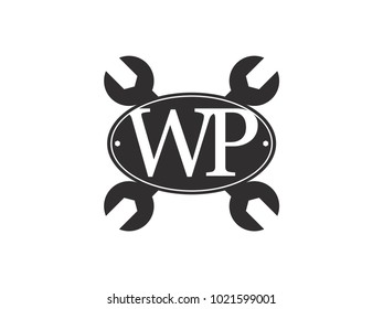 Initial letter WP logo automotive club with crossed wrench black