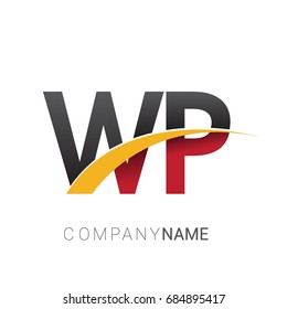 initial letter WP logotype company name colored red, black and yellow swoosh design. isolated on white background.