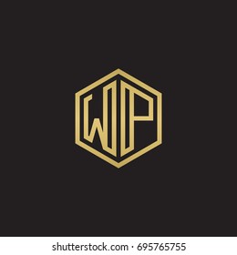 Initial letter WP, minimalist line art hexagon logo, gold color on black background