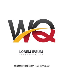 initial letter WQ logotype company name colored red, black and yellow swoosh design. isolated on white background.