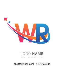 initial letter WR logotype company name colored orange, red and blue swoosh star design. vector logo for business and company identity.
