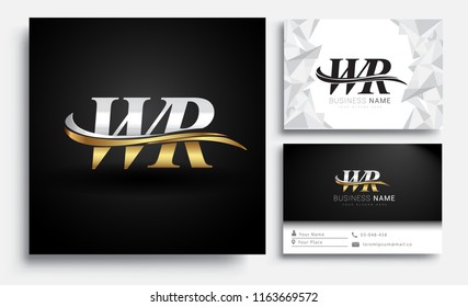 initial letter WR logotype company name colored gold and silver swoosh design. Vector sets for business identity on white background.