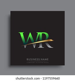 initial letter WR logotype company name colored green and gold swoosh design. vector logo for business and company