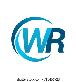 initial letter WR logotype company name blue circle and swoosh design. vector logo for business and company identity.