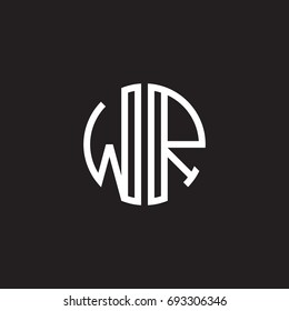 Initial letter WR, minimalist line art monogram circle shape logo, white color on black background