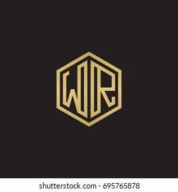 Initial letter WR, minimalist line art hexagon logo, gold color on black background