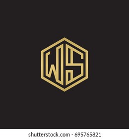Initial letter WS, minimalist line art hexagon logo, gold color on black background