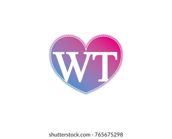 the initial letter WT in the heart symbol as a logo, sign and decoration