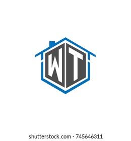 Initial Letter WT Logo Design, Hexagonal Shape with Home House Illustration