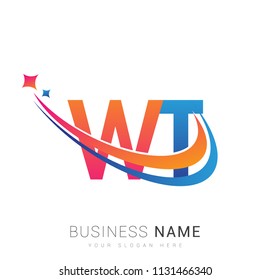 initial letter WT logotype company name colored orange, red and blue swoosh star design. vector logo for business and company identity.
