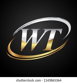 initial letter WT logotype company name colored gold and silver swoosh design. isolated on black background.