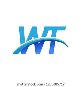 initial letter WT logotype company name colored blue and swoosh design. vector logo for business and company identity.
