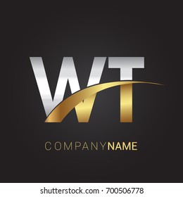 initial letter WT logotype company name colored gold and silver swoosh design. isolated on black background.