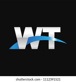 Initial letter WT, overlapping movement swoosh logo, metal silver blue color on black background
