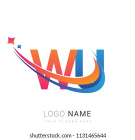initial letter WU logotype company name colored orange, red and blue swoosh star design. vector logo for business and company identity.
