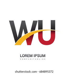 initial letter WU logotype company name colored red, black and yellow swoosh design. isolated on white background.