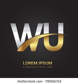 initial letter WU logotype company name colored gold and silver swoosh design. isolated on black background.