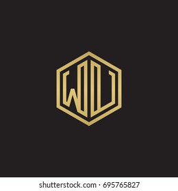Initial letter WU, minimalist line art hexagon logo, gold color on black background