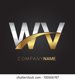 initial letter WV logotype company name colored gold and silver swoosh design. isolated on black background.