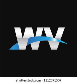 Initial letter WV, overlapping movement swoosh logo, metal silver blue color on black background