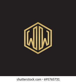 Initial letter WW mirror, minimalist line art hexagon logo, gold color on black background