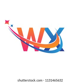 initial letter WX logotype company name colored orange, red and blue swoosh star design. vector logo for business and company identity.
