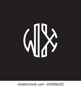 Initial letter WX, minimalist line art monogram circle shape logo, white color on black background