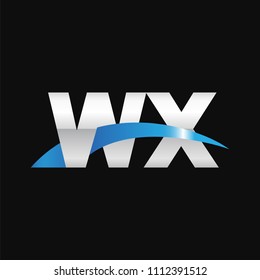 Initial letter WX, overlapping movement swoosh logo, metal silver blue color on black background
