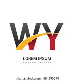 initial letter WY logotype company name colored red, black and yellow swoosh design. isolated on white background.
