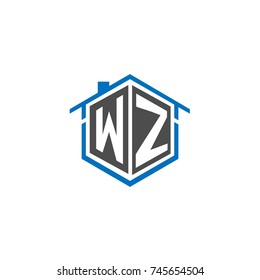 Initial Letter WZ Logo Design, Hexagonal Shape with Home House Illustration