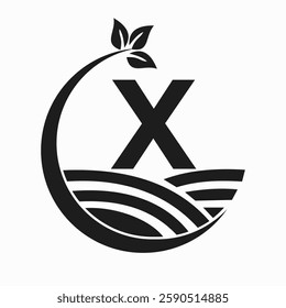 Initial Letter X Agriculture And Farming Logo Combine With Field and Leaf Symbol