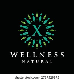 Letra inicial X alfabeto bem-estar, verde, folhas, natural, saúde, orgânico, design de logotipo, círculo folha natureza gráfico ícone vetor modelo