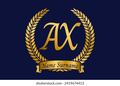 Initial letter A and X, AX monogram logo design with laurel wreath. Luxury golden emblem with calligraphy font.
