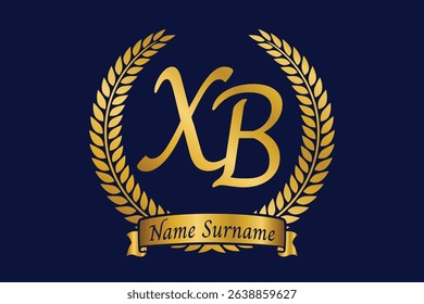 Initial letter X and B, XB monogram logo design with laurel wreath. Luxury golden calligraphy font.