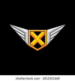 Initial letter X capital with wing ornament. 3D embossed effects. Badge template design.