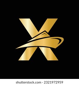 Initial Letter X Cruise Ship Logo Boat Icon. Yacht Symbol, Marine Logotype