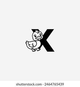 Initial Letter X with Duck Logo Design. Duck is sporting a happy smile. Letter X Vector cute animals character duck isolated illustration and lettering on white background.