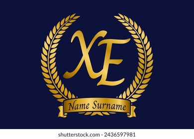 Initial letter X and E, XE monogram logo design with laurel wreath. Luxury golden emblem with calligraphy font.